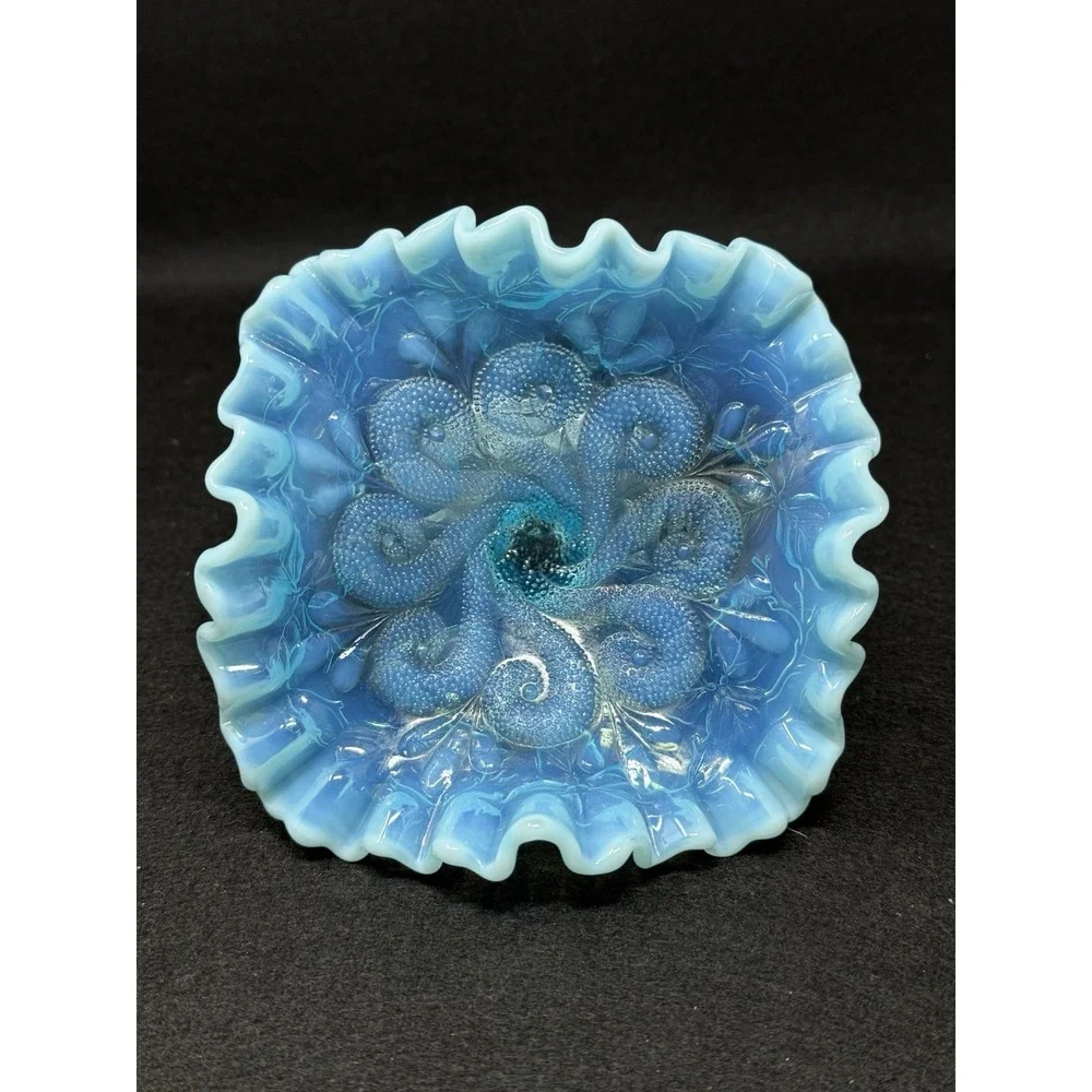 Dugan Blue Opalescent Question Marks Pedestal Bowl Carnival Glass Vintage